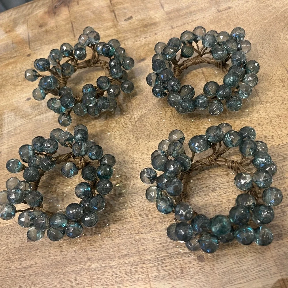 4 beaded jade green napkin rings